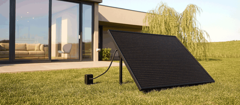 Panneaux solaires Plug and Play installé dans un jardin devant une maison moderne, connecté à une prise via un boîtier discret – Plug and Sun Belgique