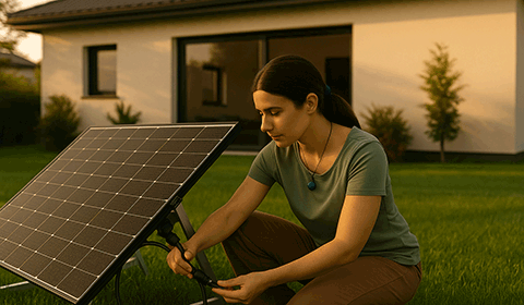 Femme installant un panneau solaire Plug & Play dans un jardin, devant une maison moderne, en raccordant les câbles à l’arrière du panneau