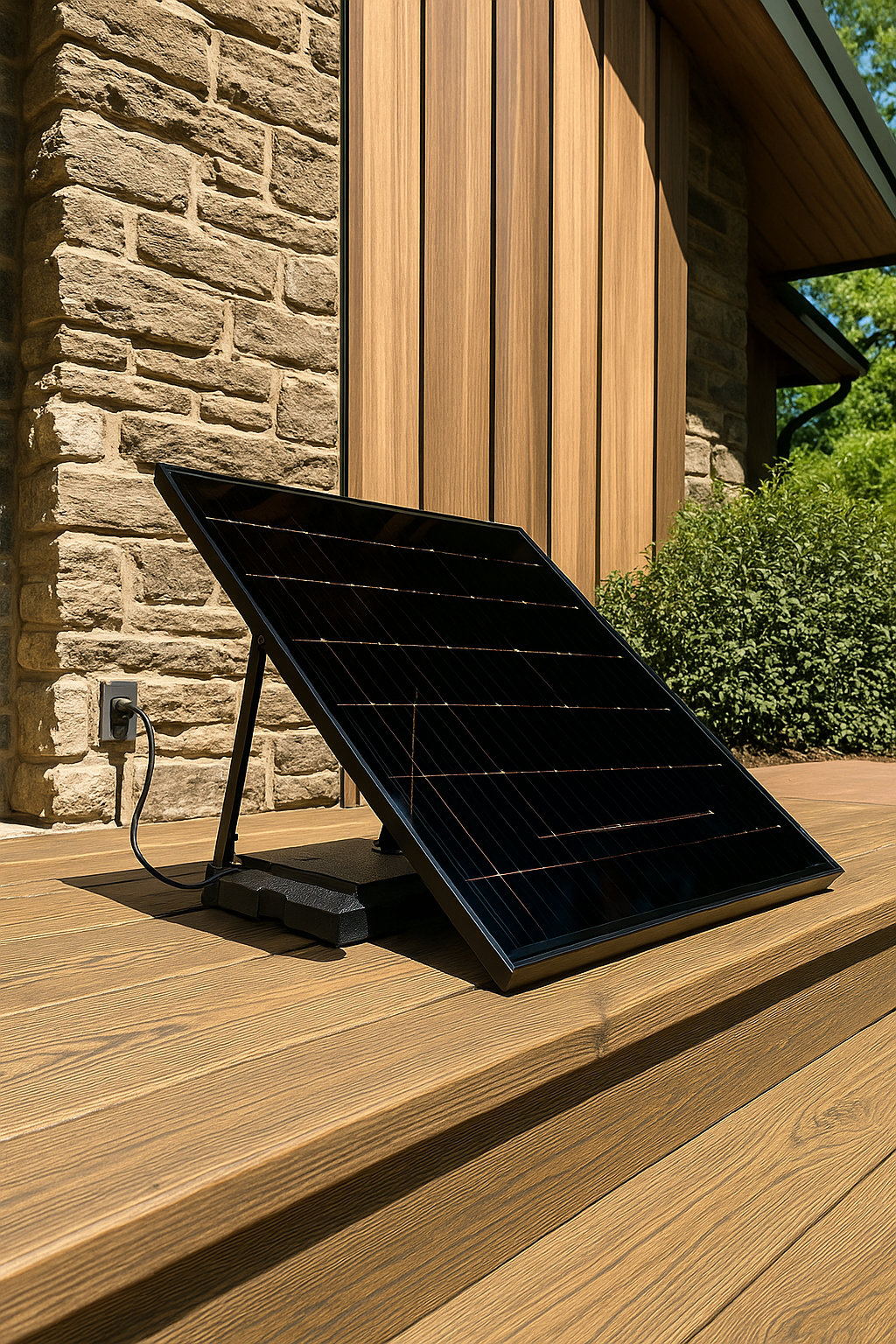 Panneau solaire Plug & Play orienté plein sud, installé sur support inclinable en terrasse bois devant une maison en Belgique