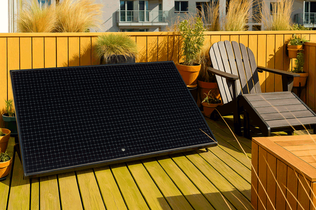 Panneau solaire Plug & Play installé sur une terrasse d’appartement, entouré de plantes et mobilier de jardin