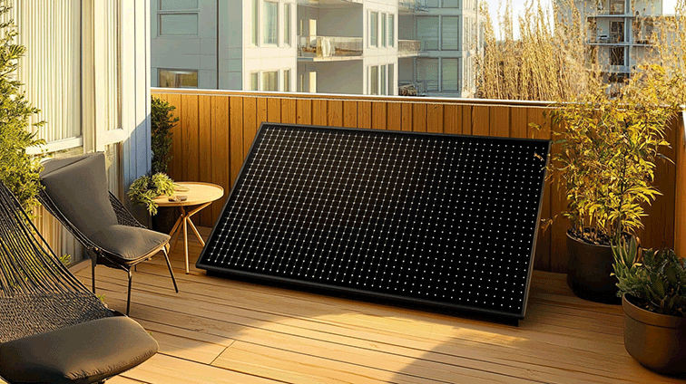 Panneau solaire Plug & Play installé sur une terrasse d’appartement, entouré de plantes et mobilier de jardin
