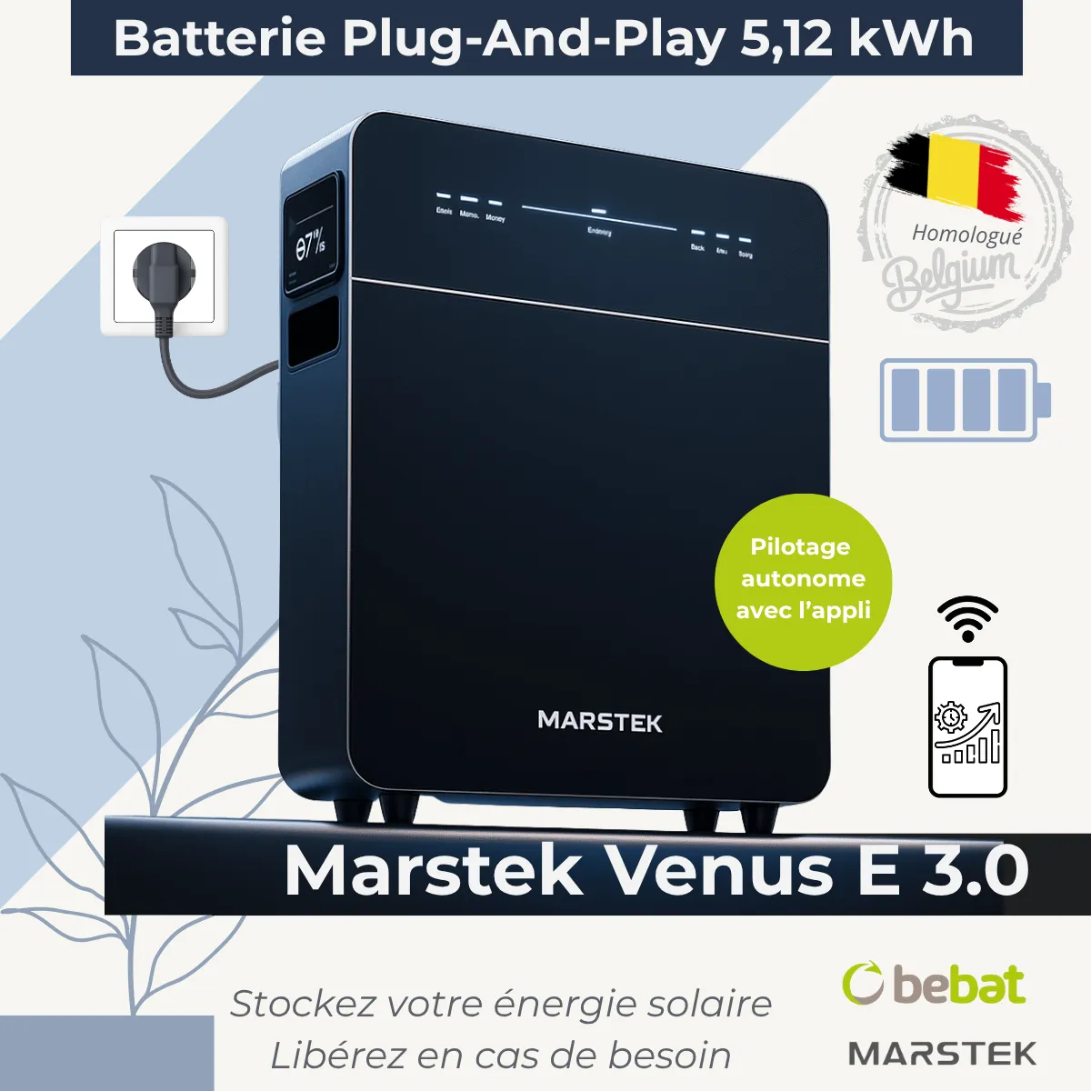 Marstek Venus E 3.0 – Batterie domestique Plug & Play 5,12kWh - Cotisation Bebat comprise