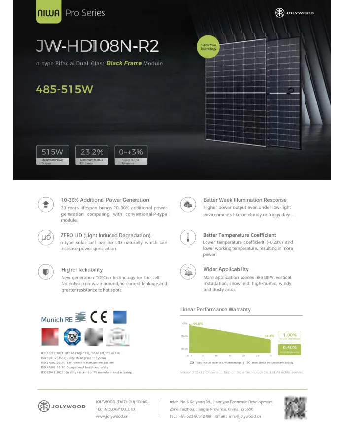 Panneau solaire Jolywood 500Wc JW-HD108N-R2 Bifacial Cadre Noir (Type N) - Image 2