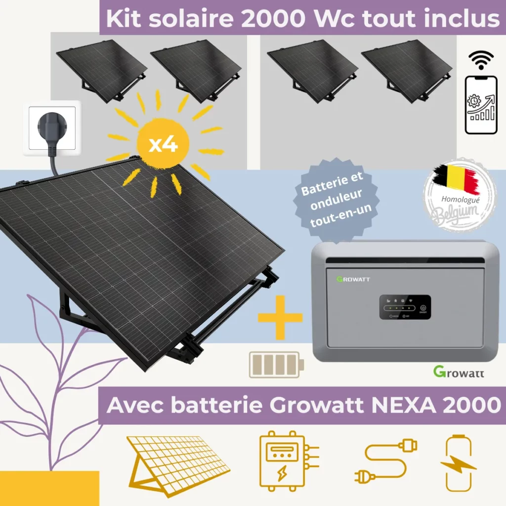 Kit solaire Plug and Play 2000 Wc avec batterie Growatt Nexa 2000 et structure