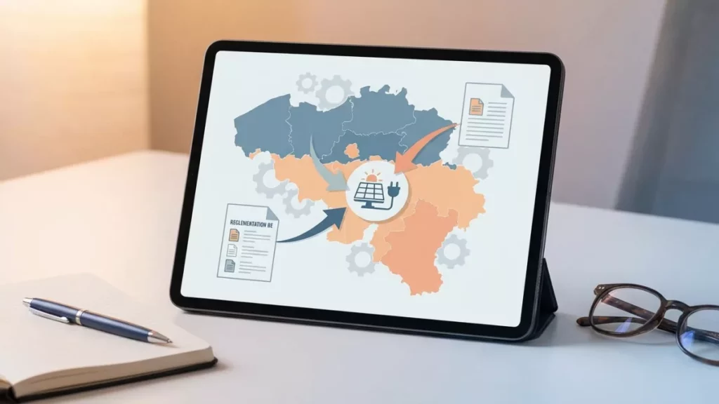 Une carte de la Belgique illustre les différentes normes régionales pour le solaire plug and play.