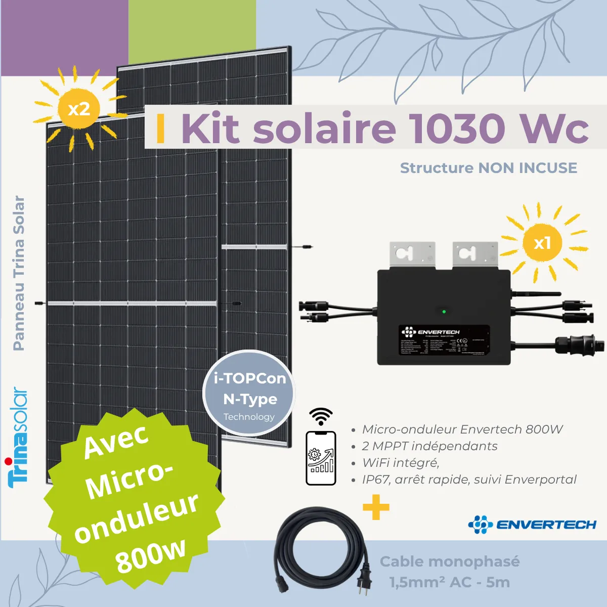 Kit solaire Plug and Play 1030 Wc avec onduleur 800W sans structure