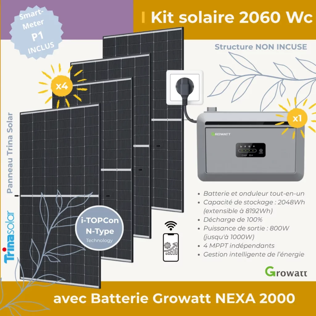 Kit solaire Plug and Play 2060 Wc avec batterie Growatt Nexa 2000 sans structure