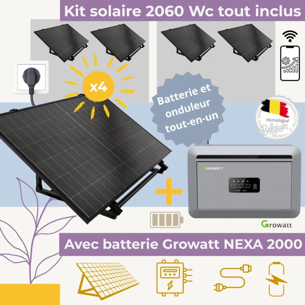 kit solaire Plug and Play 2060 Wc avec batterie Growatt Nexa 2000 et structure