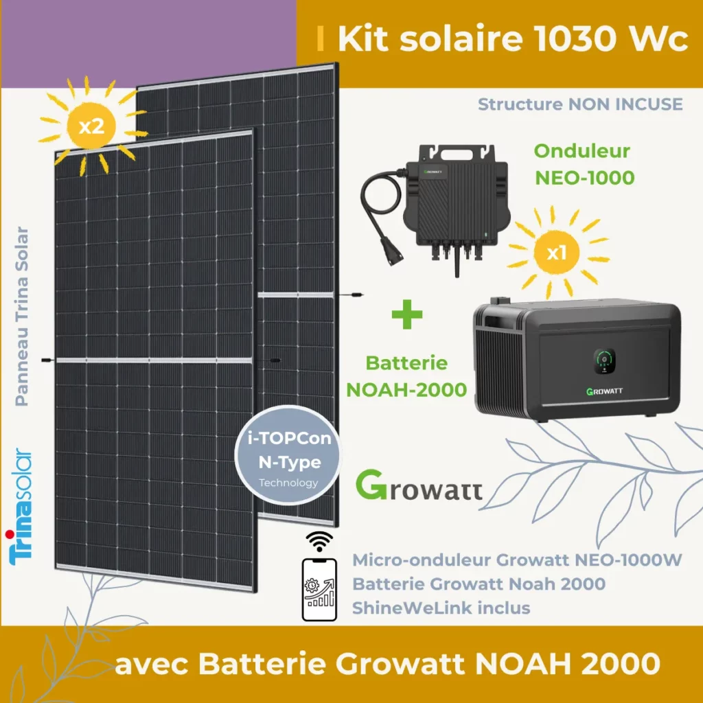 Kit solaire Plug and Play 1030 Wc avec batterie Growatt Noah 2000 sans structure