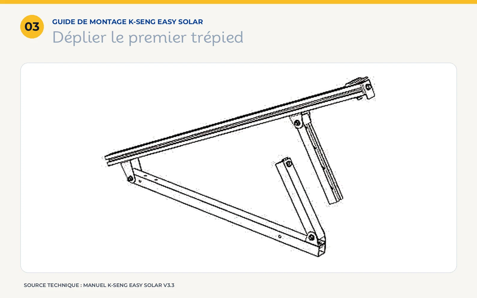 Dépliage du premier trépied de la structure pour panneau solaire K-Seng Easy Solar.