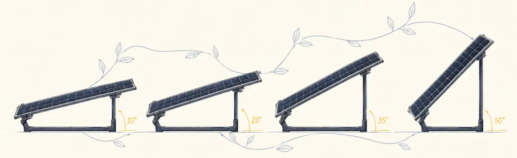 Différents angles d’inclinaison d’un panneau solaire sur une structure au sol