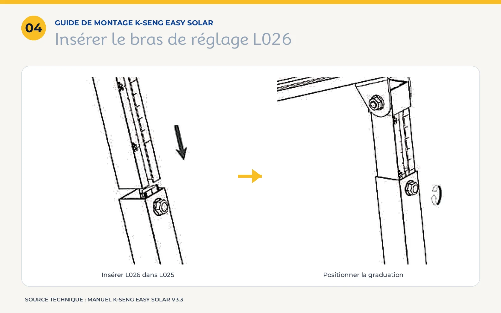 Insertion du tube gradué L026 dans le tube carré L025 du support K-Seng Easy Solar.