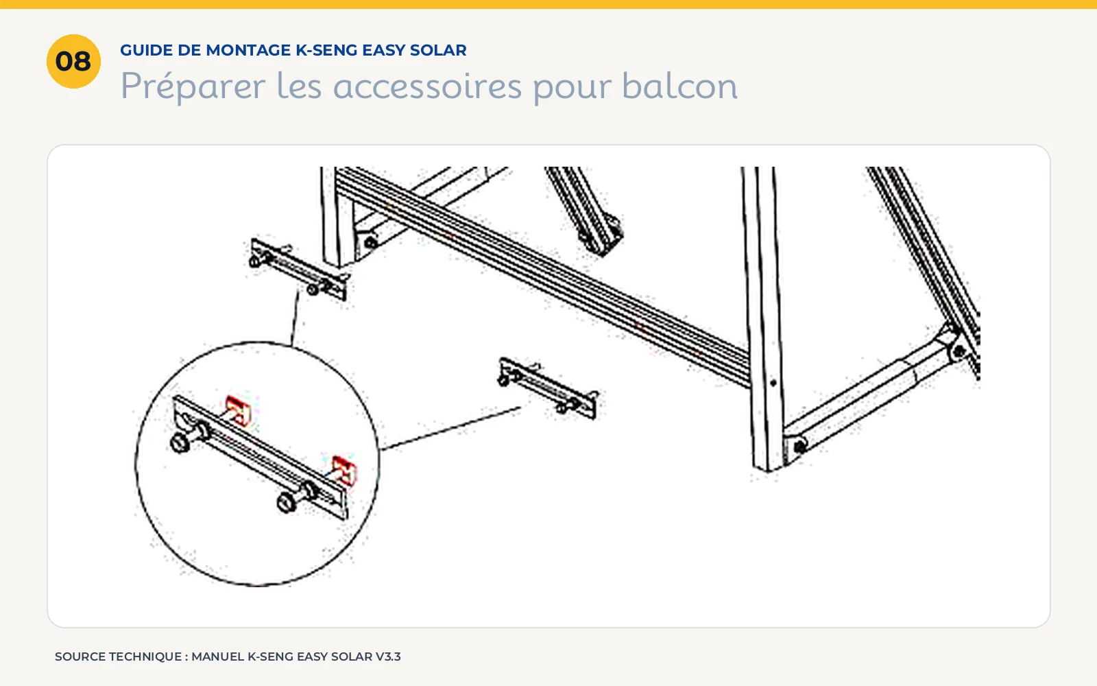 Insertion préalable des accessoires de fixation pour balcon dans la barre de la structure solaire.