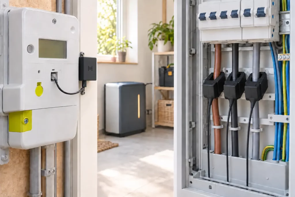 Compteur P1 ou CT pour batterie : boîtier P1 noir relié par câble RJ12 et trois pinces CT