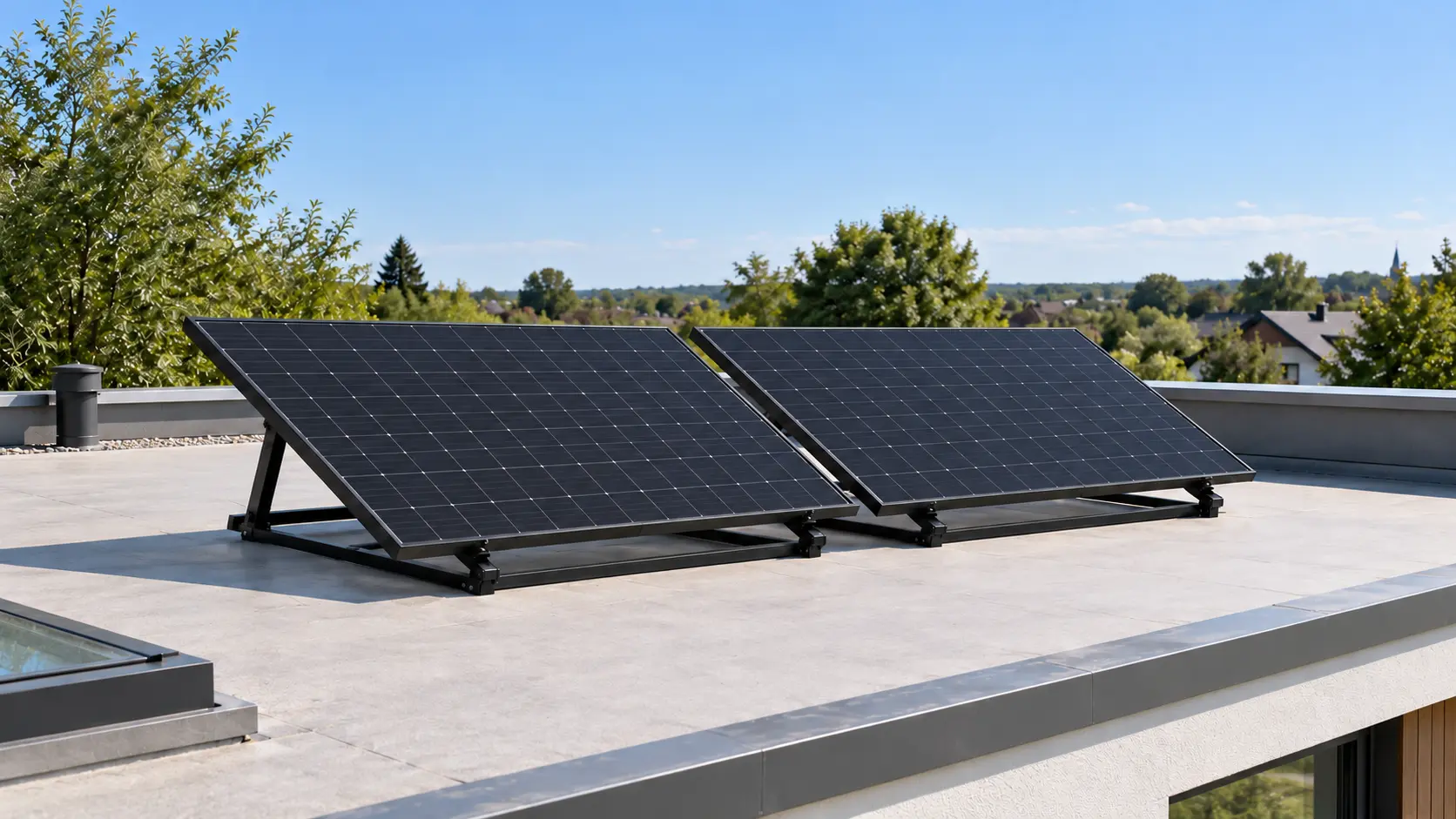 Deux panneaux solaires Trina sur toit plat avec structures K-Seng noires