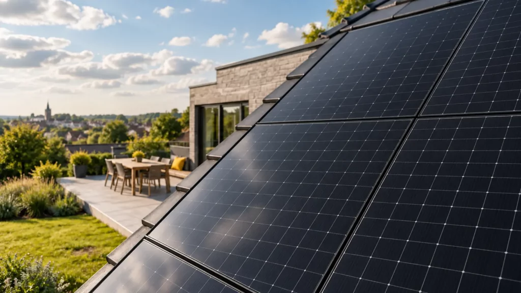 Panneaux solaires monocristallins alignés sur une habitation belge