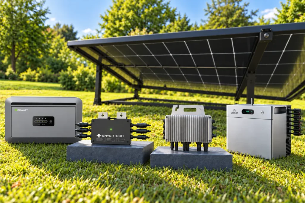 Micro-onduleurs Envertech et Deye avec batteries Growatt NEXA et Zendure devant un panneau Trina Solar