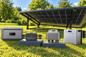Micro-onduleurs Envertech et Deye avec batteries Growatt NEXA et Zendure devant un panneau Trina Solar