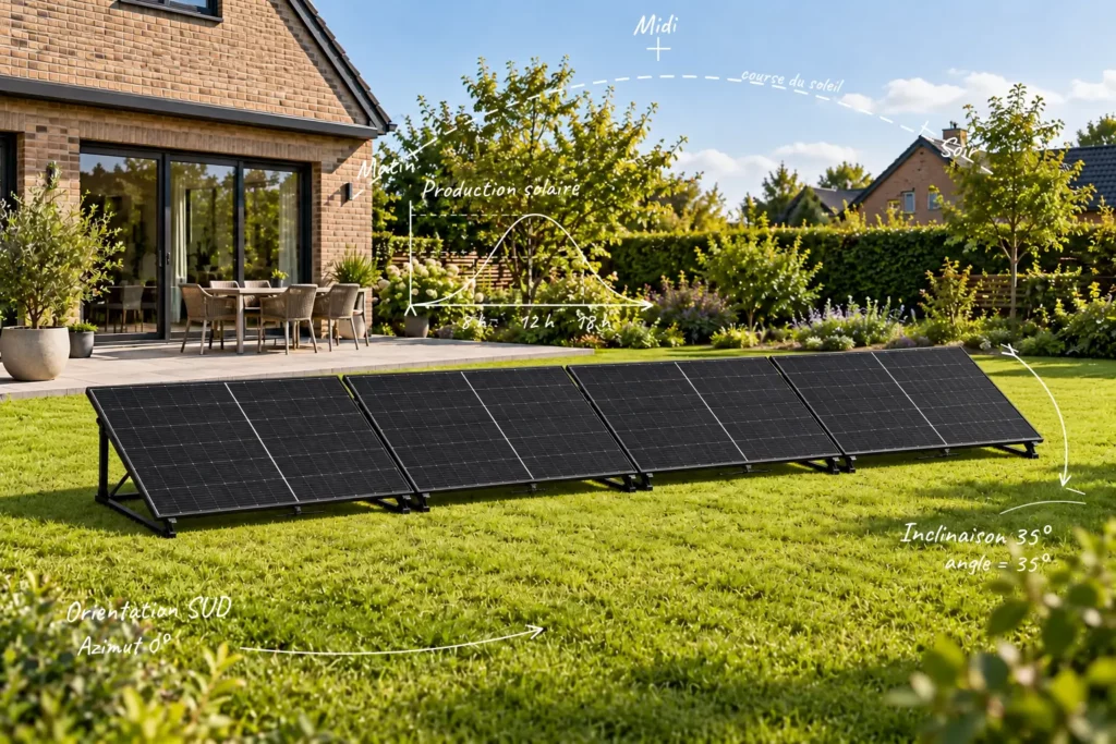 Production panneau solaire Belgique : quatre panneaux Trina alignés avec annotations d’orientation et d’inclinaison